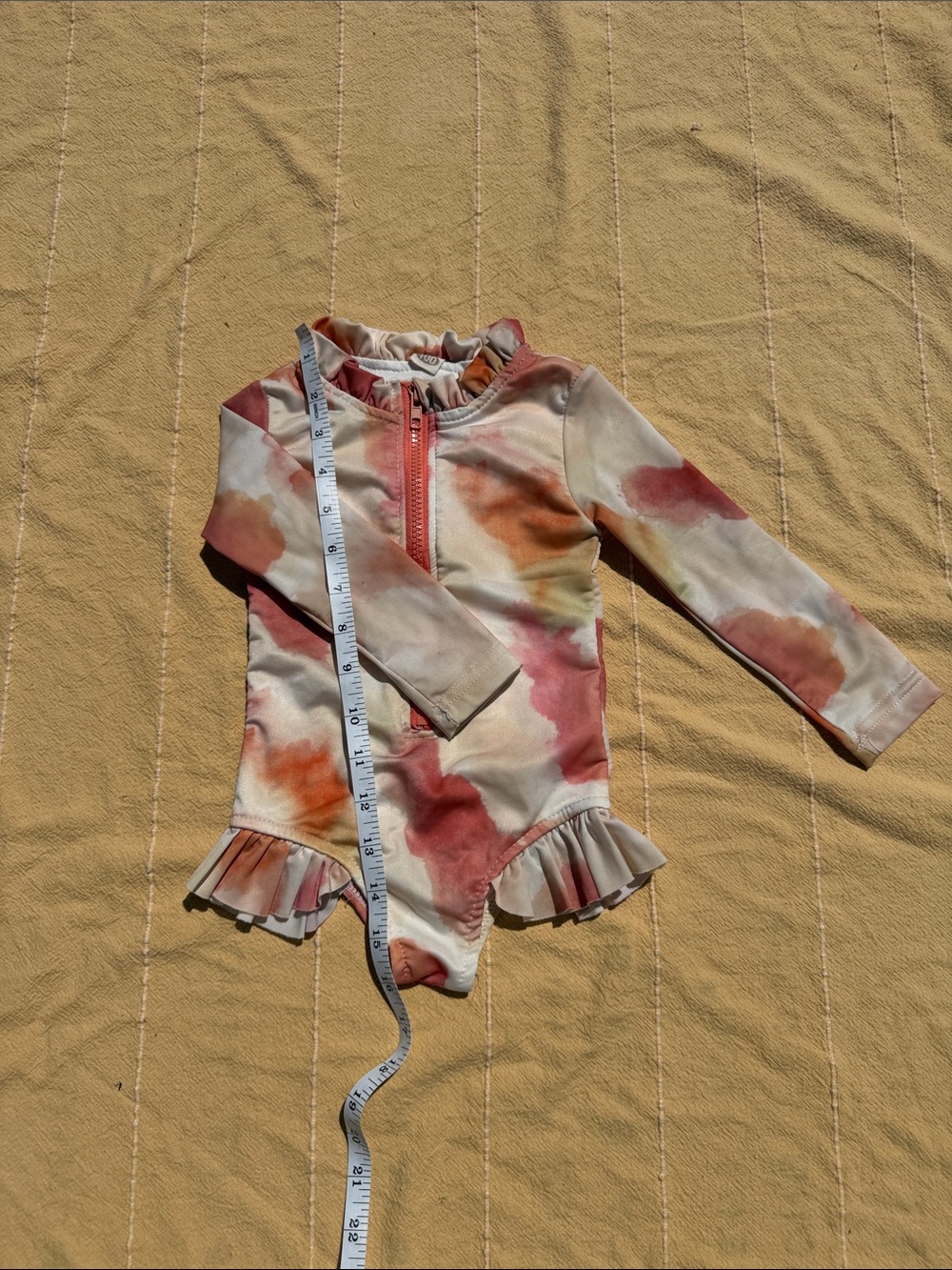 Girls Long Sleeve Tie-Dye Ruffle Swimsuit - Pink & Orange